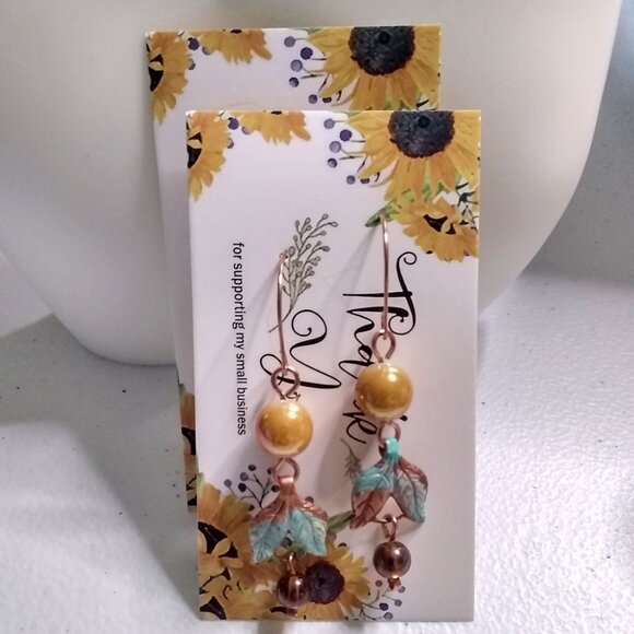 Handmade Copper Leaf Earrings ~ Patina Painted Fall Jewelry with Beaded Accents - Picture 7 of 10